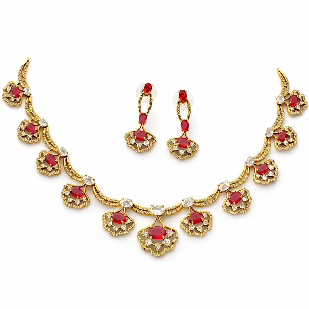 Women’s Gold-Plated Green Stone Necklace Set with Floral Drop Design & Matching Earrings – Elegant Wedding & Party Jewelry