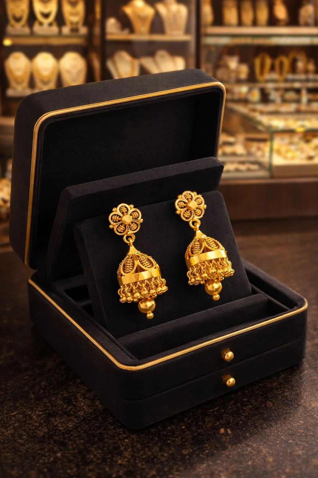 Women’s Traditional Gold-Plated Jhumka Earrings with Floral Stud & Bead Drops – Ethnic Temple Jewelry