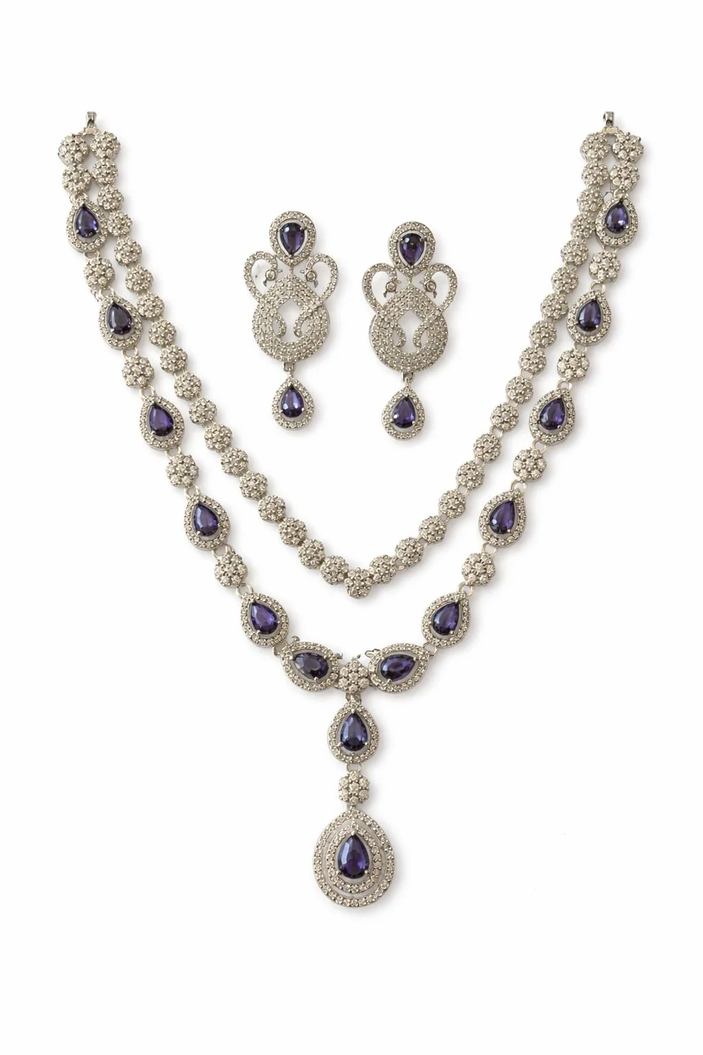 Women’s Silver-Toned Purple Stone Bridal Necklace Set with Matching Earrings – Elegant Wedding & Party Jewelry