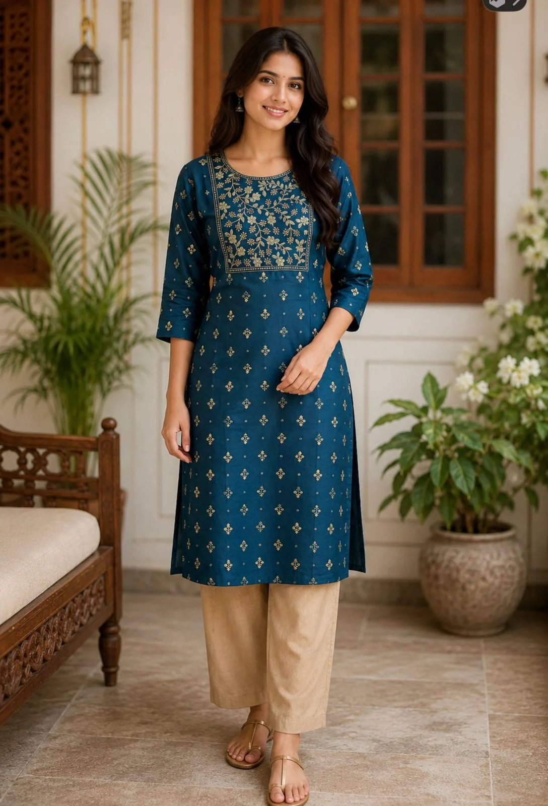 Elegant Teal Blue Embroidered Kurti with Straight Pants