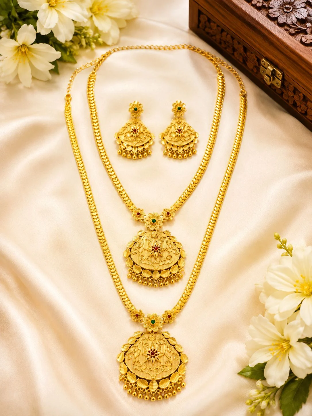Vishmura Royal Temple Design Gold-Tone Necklace Set with Jhumka Earrings