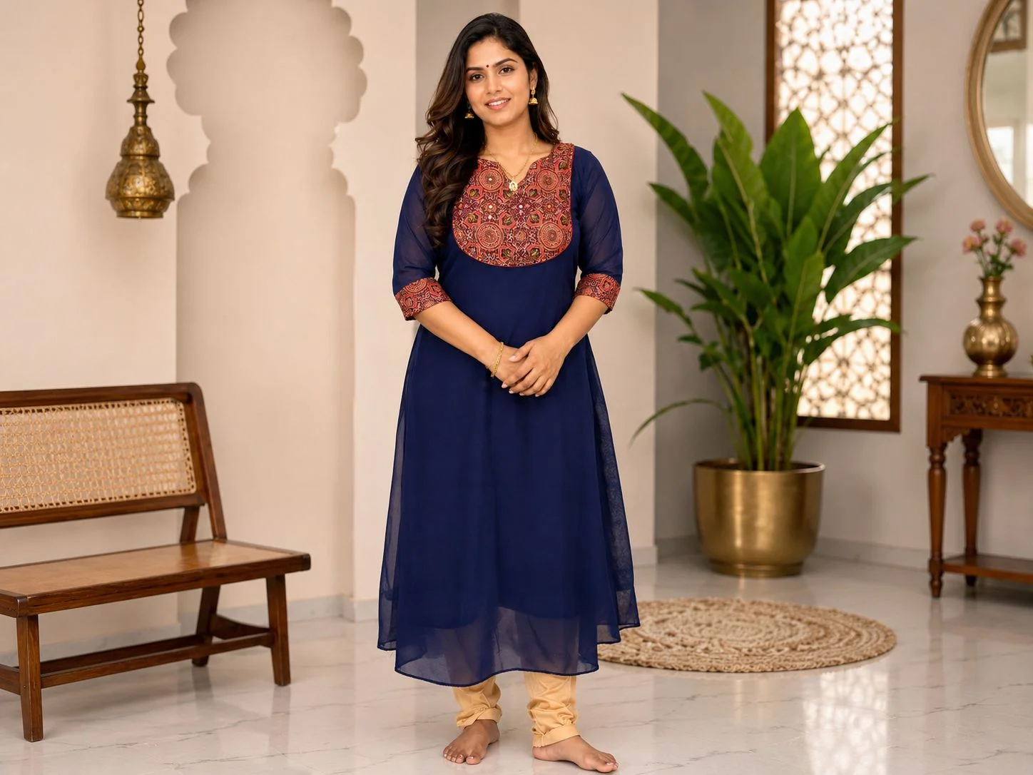 Elegant Navy Blue Anarkali Kurti with Printed Yoke