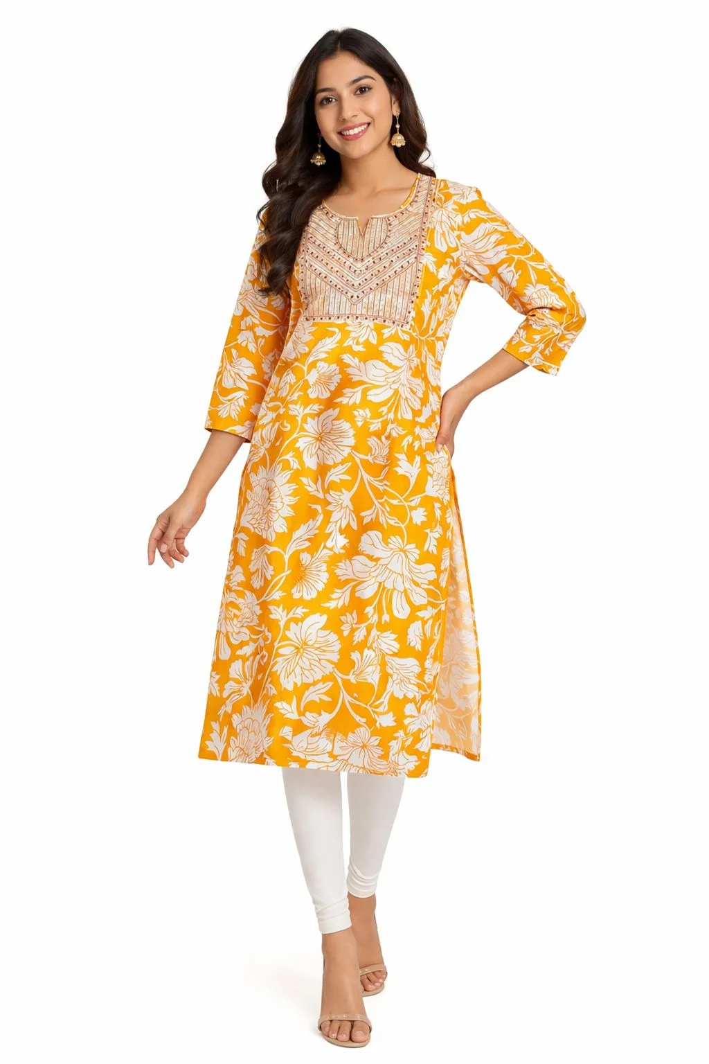 Women’s Mustard Yellow Floral Printed Kurti with Embroidered Yoke & White Leggings Set