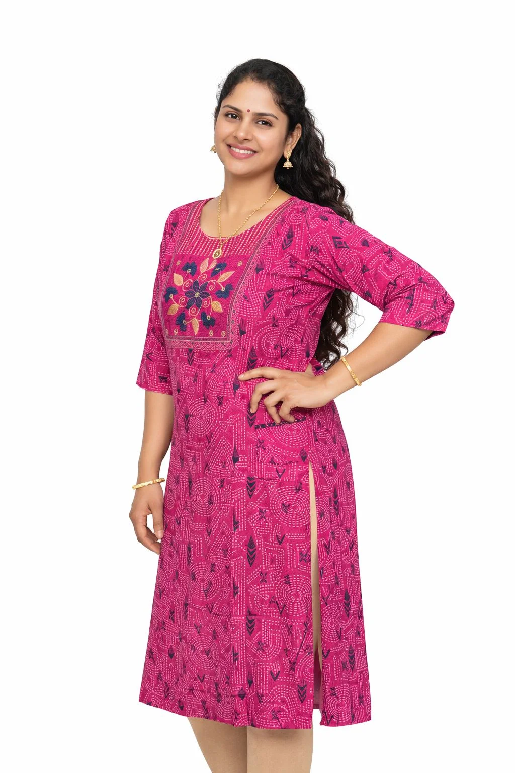 Women’s Mustard Yellow Floral Printed Kurti with Embroidered Yoke & White Leggings Set