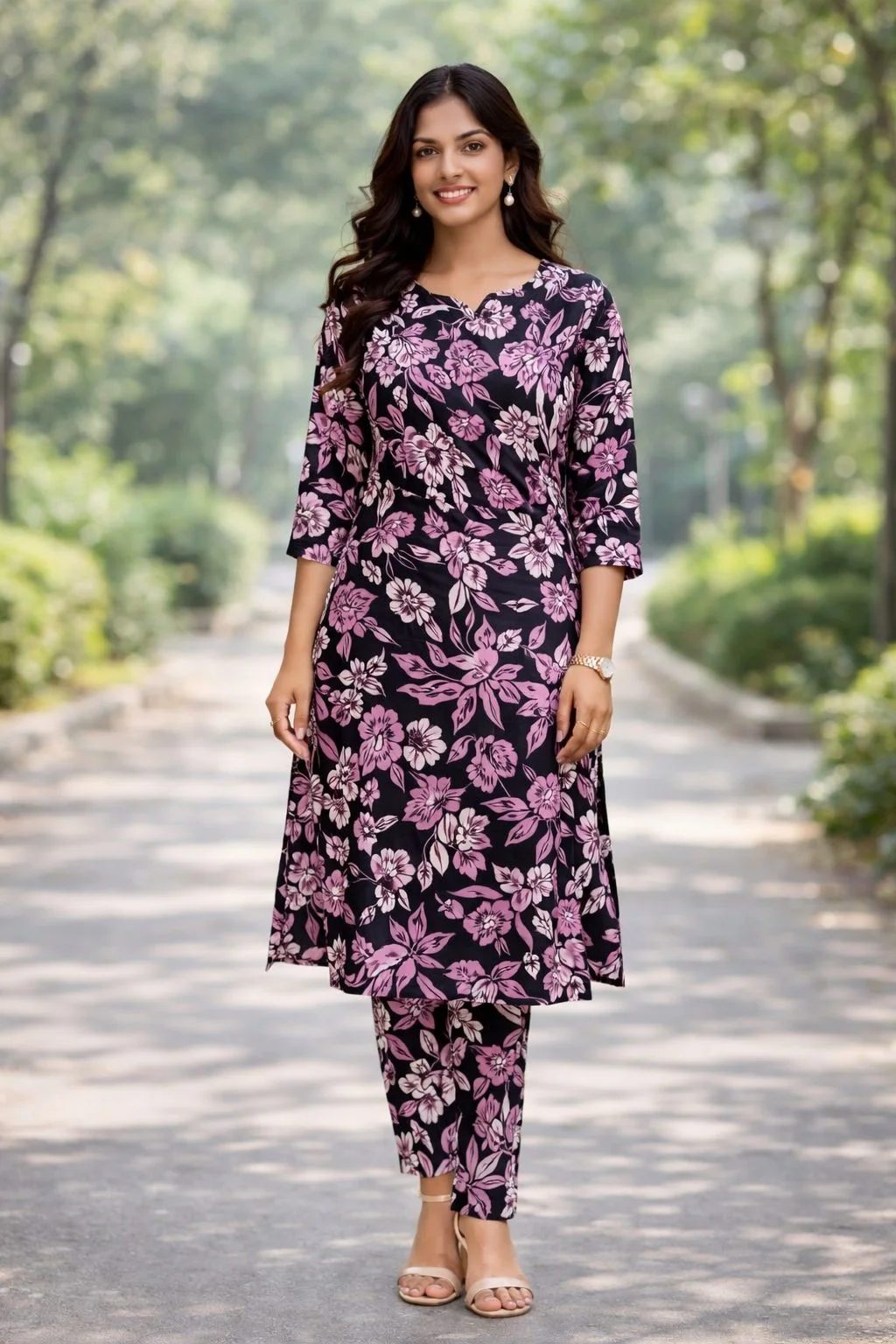 Chic Black & Pink Floral Kurti Set for Women
